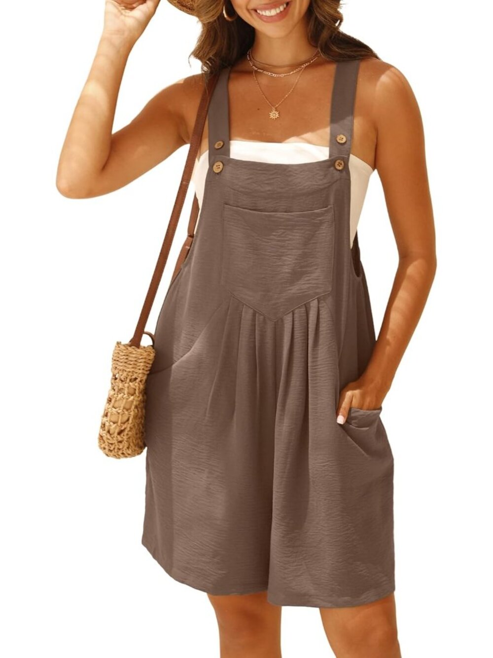 Women's Brown Rompers Summer Wide Leg Shorts Overalls Adjustable Strap Bib - Picture 2 of 6